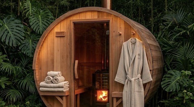 Cedar sauna surrounded by greenery