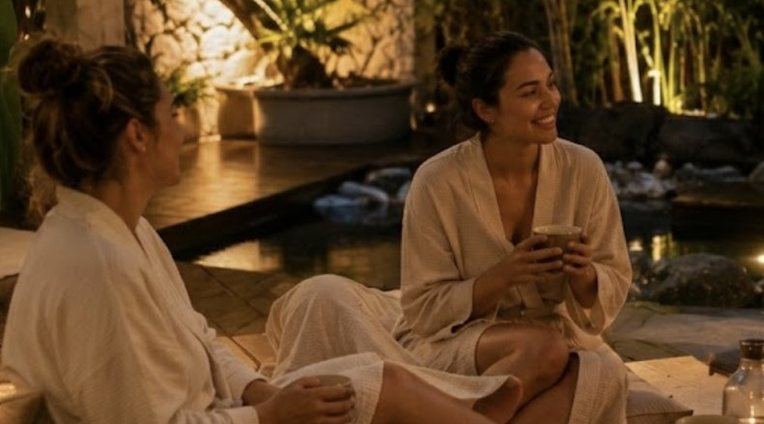 Two women relaxing together beside the garden